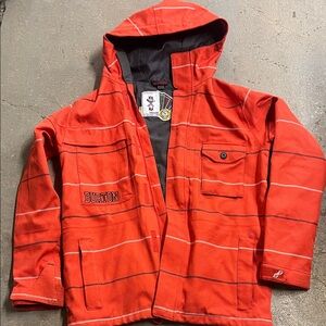 Burton men’s large Red Hooded Puffer Jacket with Thin White Stripes
